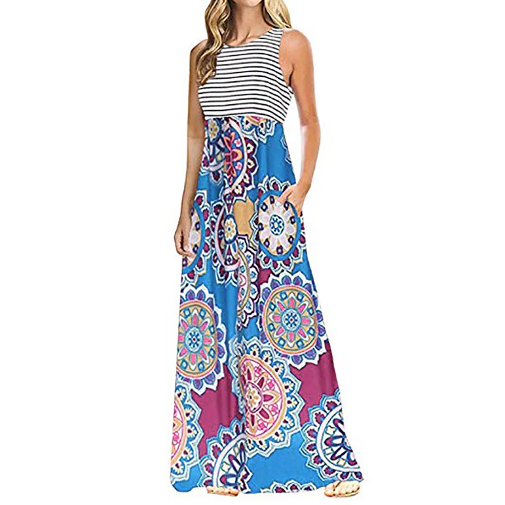 Women Striped Sleeveless Print Bohemian style Party Evening Long Maxi