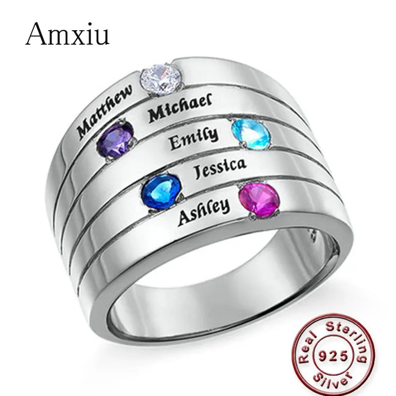 

Amxiu Personalized Five Names Rings 925 Sterling Silver Jewelry Rings with Birthstones Engrave Name Ring For Women Family Gifts