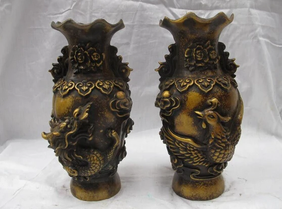 

huij 009165 Chinese Classic feng shui Bronze Dragon Phoenix Auspicious Vase Pot Pair Statue