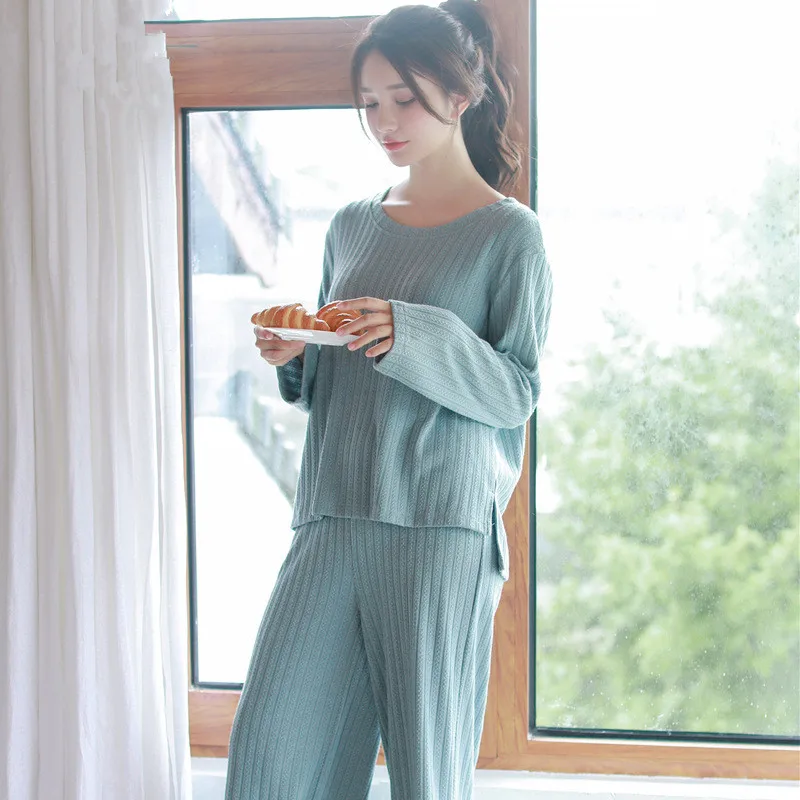 

High Quality Autumn Women Elegant Knit Sweater Top and Trousers Pajamas Set Lady Lounge Sleepwear Pijamas Retro 8100