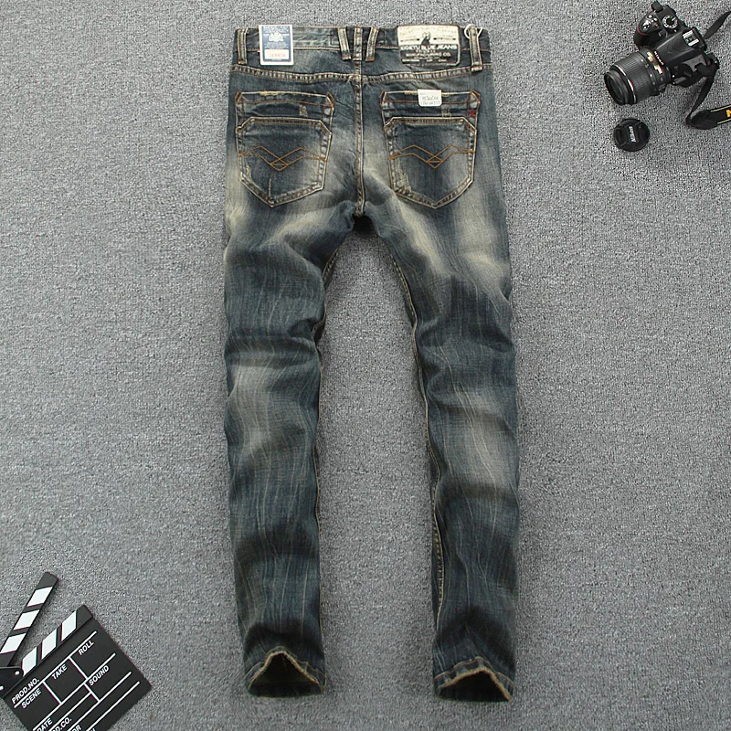 Skup Styl włoski modne dżinsy męskie Slim Fit bawełniane spodnie jeansowe spodnie marki klasyczne jeansy homme elastyczne Vintage długie dżinsy mężczyzn