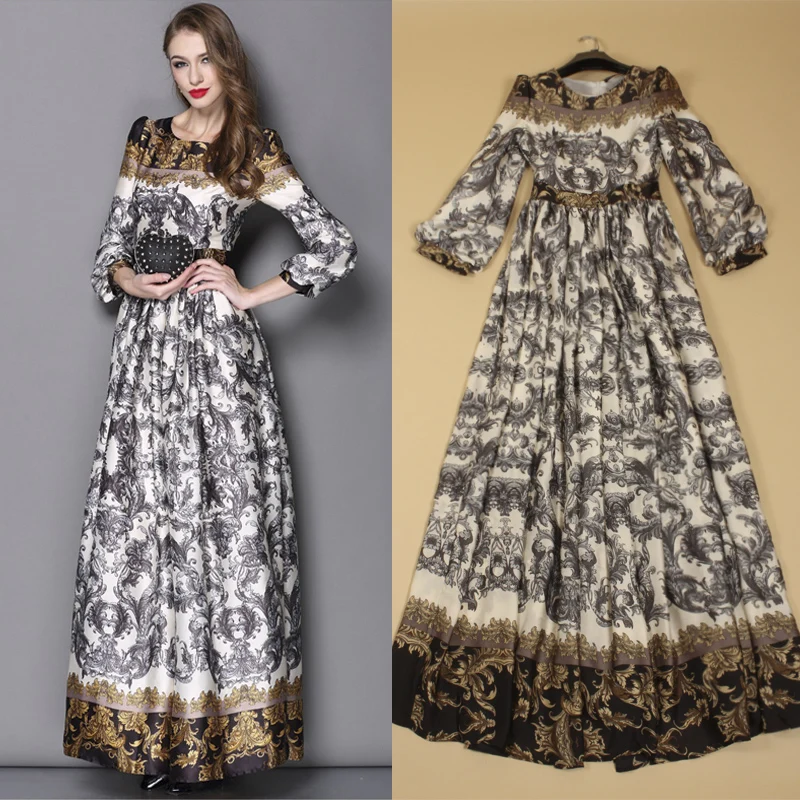 SOPAKA High Quality Runway Designer Maxi Dress Floral Printed Elegant Gray Empire Flare Sleeve Vintage long dress long-floral-maxi : image SOPAKA High Quality Runway Designer Maxi Dress Floral Printed Elegant Gray Empire Flare Sleeve Vintage long dress long-floral-maxi