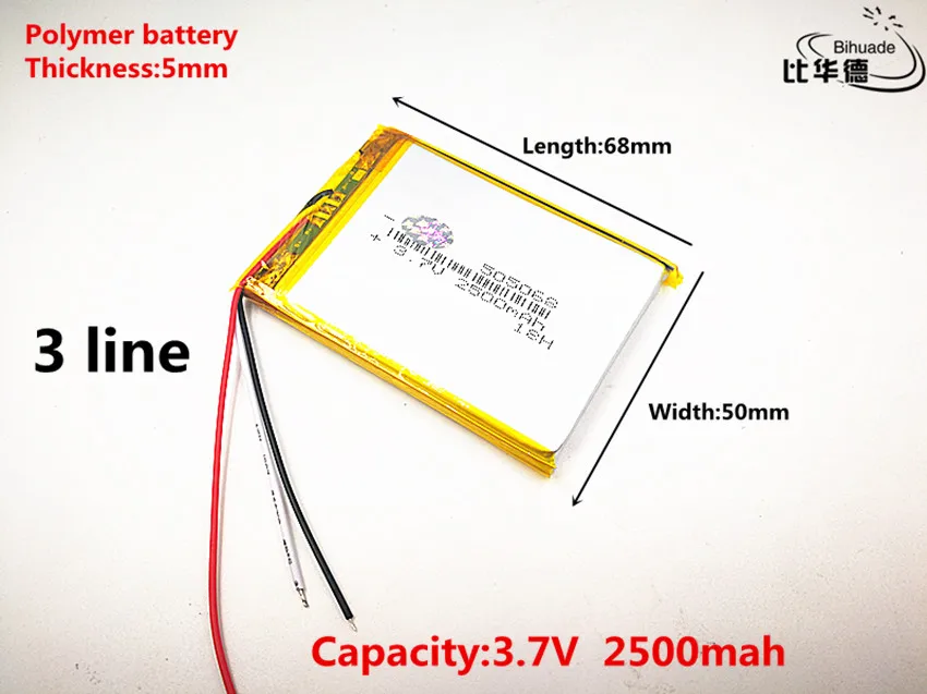 3 линии хорошего качества 3,7 V, 2500 mAH, 505068 полимерный литий-ионный/литий-ионная аккумуляторная батарея для игрушка, портативное зарядное устройство, gps, mp3, mp4