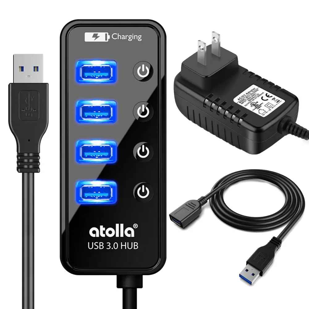 Atolla usb 3 0 hub with power adapter 4 1 data transfer and charging
