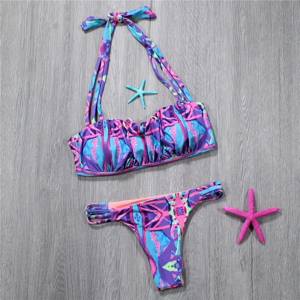 Melphieer retro vintage print swimsuit brazilian bikini set reversible