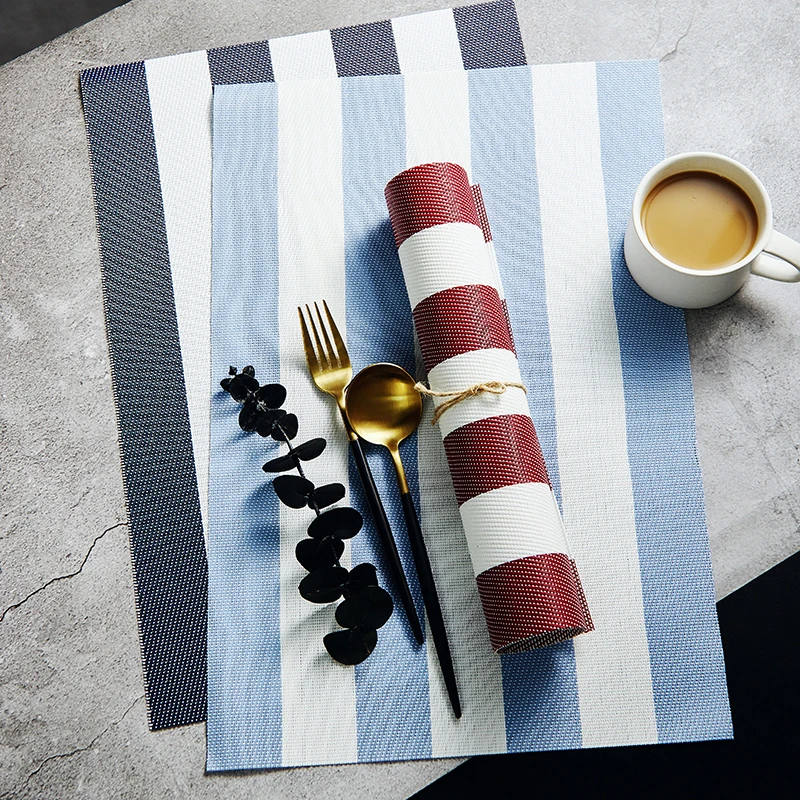 

PVC Placemat Chic Stripe Pad Dining Table Mat Pad Streak Dark Blue Brown Waterproof Non-Slip Placemats Bowl Coaster 45X30CM