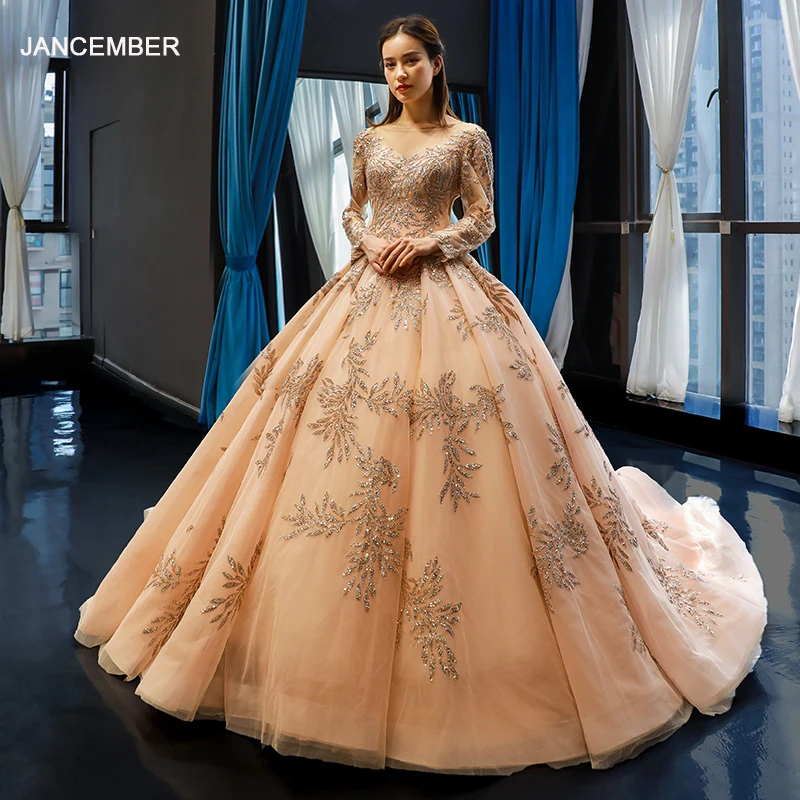 

J66813 jancember ball gown evening dresses 2019 o-neck long sleeves muslim bridal wedding party dress nrobe de soiree musulman