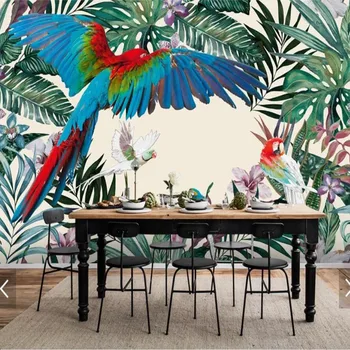 

3D Tropical Leaves Parrot Wall Mural Color Parrot Flower Wallpaper 3D Printed Photo Wall Paper Rolls Painting Contact Paper