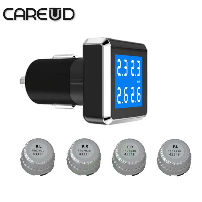 Careud car TPMS 4 external sensors cigarette light charger PSI BAR  careud tpms  tpms psi  diagnostic tool tires pressure
