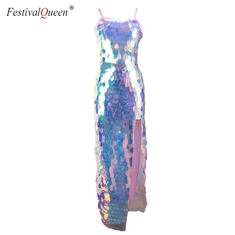 

2019 Elegant Strap Sequined Backless Maxi Long Dress Women Fashion Scale Side Split Dinner Party Dress