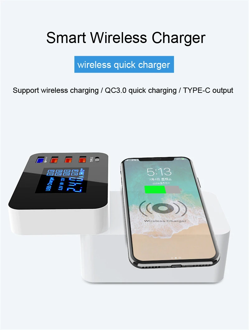 QI Беспроводное зарядное устройство Quick Charge 3,0 Smart usb type C зарядная станция светодиодный дисплей адаптер питания для быстрой зарядки настольное зарядное устройство