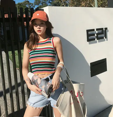 

2019 summer New Rainbow Striped Knit Vest women Crop TOP sleeveless sexy thin tank tops female