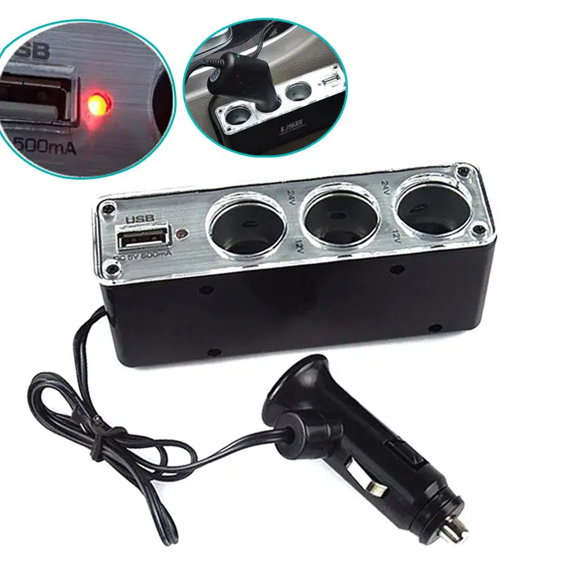 3 Way Multi Socket Car Cigarette Lighter Splitter USB Plug