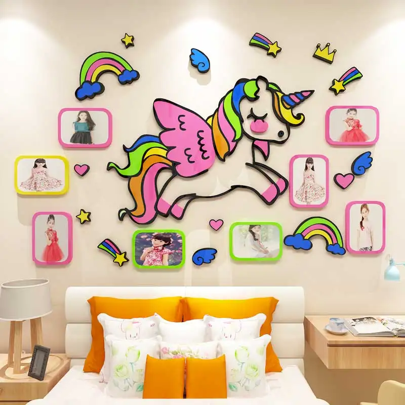 

Unicorn cartoon decoration children room girl bedroom bedside background wall layout 3d stereo photo wall sticker