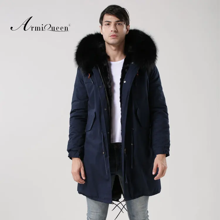 Cheap Dark blue outside with black faux fur lining jacket for gentleman Winter Parka in man's Parkas