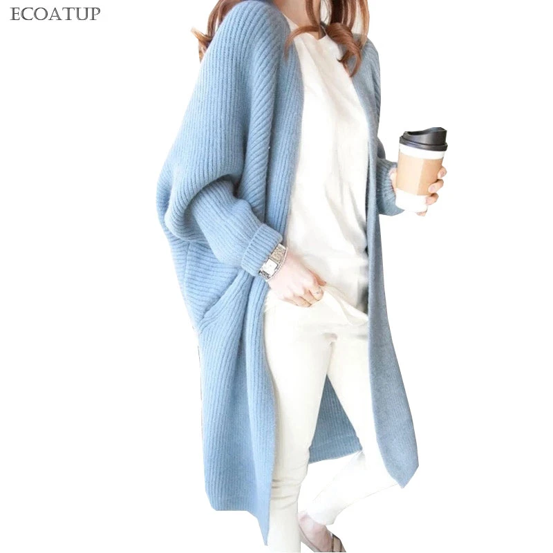 Femmes Hiver Tricot Cardigan Chandail Solide Manches Chauve-Souris Chandails avec Poche