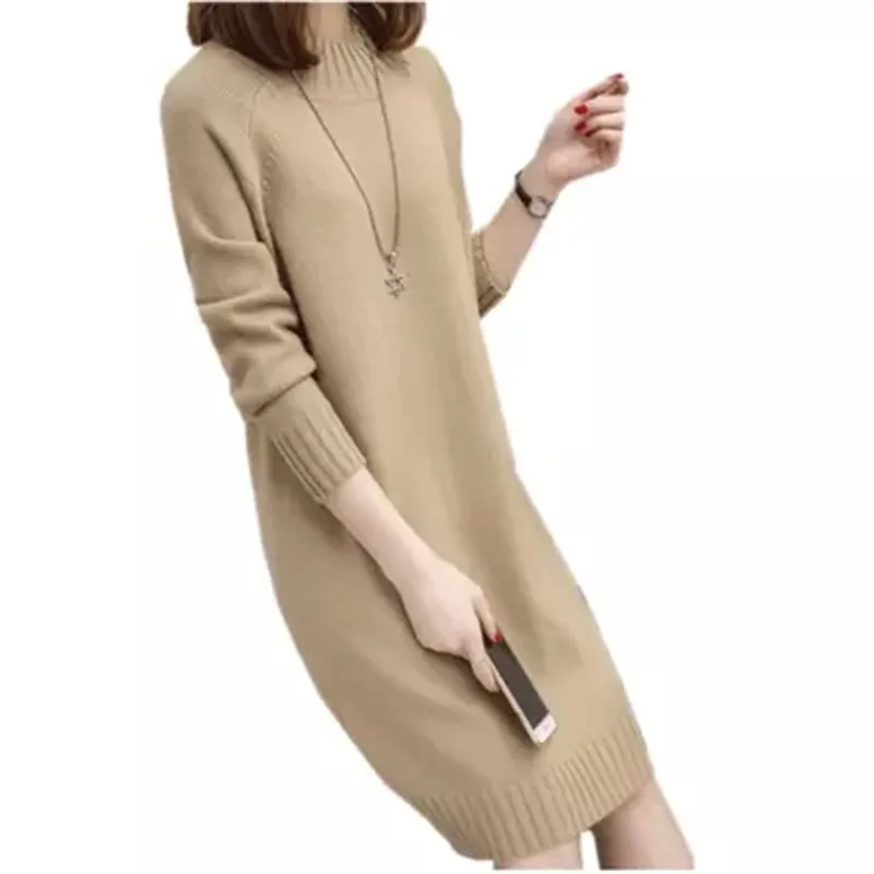 

2019 New Spring Long Round Neck Sweater Women's Knit Dress Large Size Long Sleeve Loose Pullover Sweater Dress 554