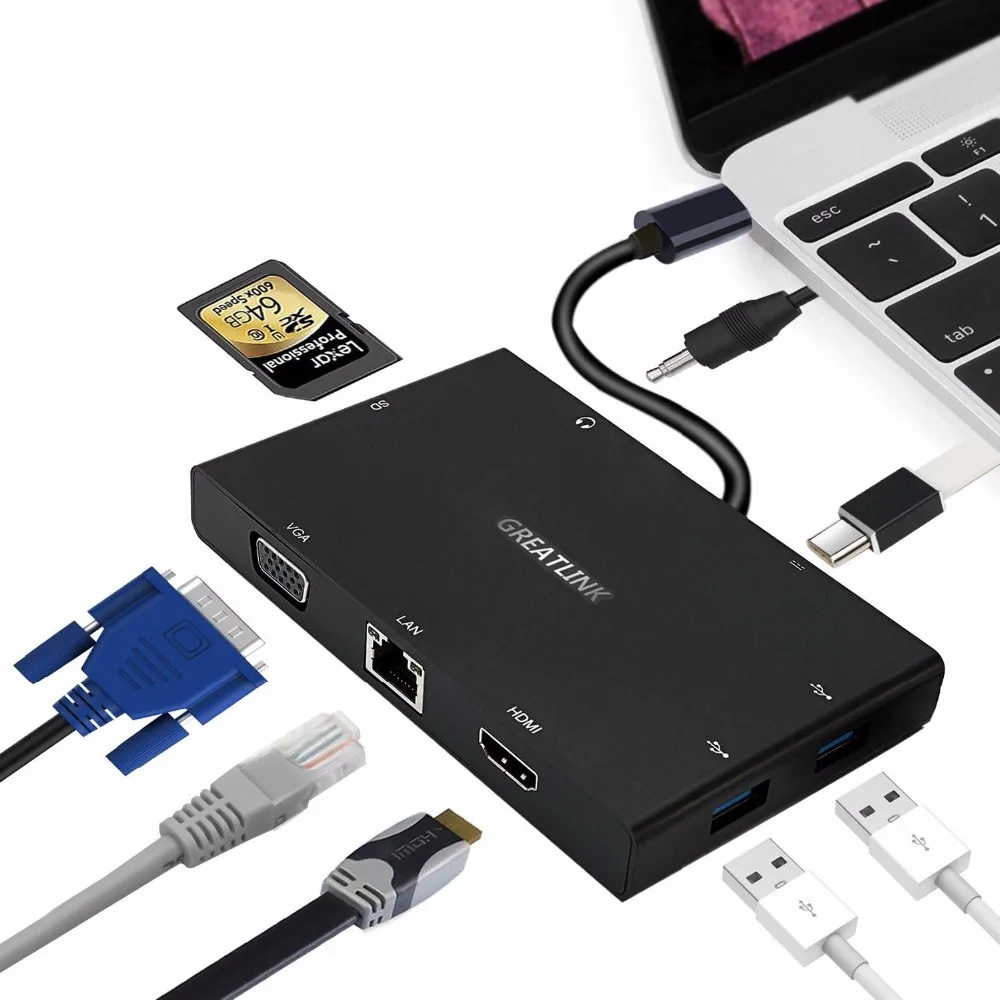 USB C адаптера переменного тока Тип-c кабельный удлинитель AUX VGA в HDMI с разрешением 4 K конвертер Джек 3,5 аудио сплиттер, мм RJ45 USB 3,0X2 Thunderbolt 3 док-станция