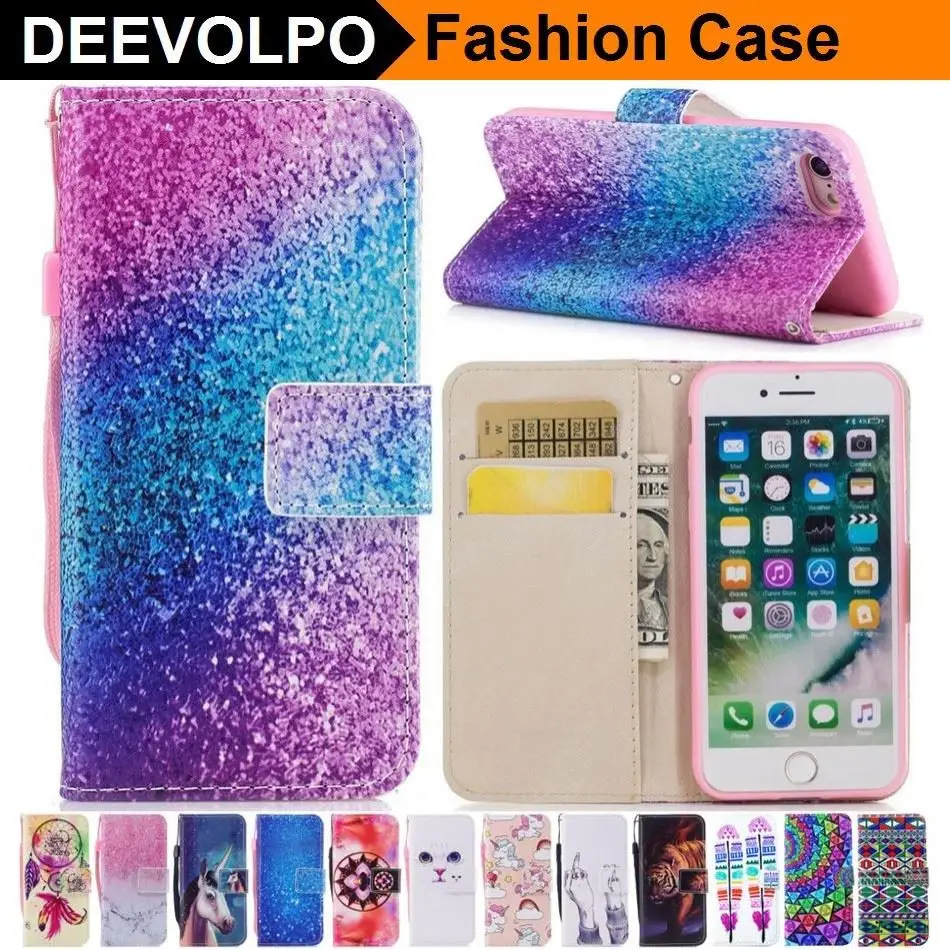 

DEEVOLPO Leather Case For Apple iphone 7 6 6S Plus 5 5S SE Touch6 Wallet Case + Silicone Holder Painted Marble Cover Coque DP23Z