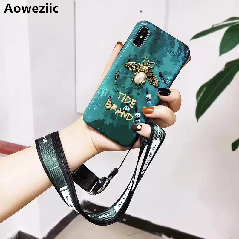 

Aoweziic 3D Metal Bee Phone Cases Fashion Strawberry Pineapple For iPhoneXR X XS MAX 7 6S 8Plus cactus Back Cover Coque rope