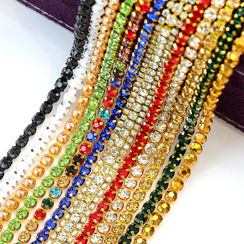 

1 Yards/Roll SS18 Colorful Ribbon Glass Sew on Rhinestone Cup Chain With Gold Base Close Rhinestone Cup Chain For Garment B3694
