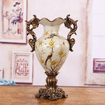 

countryside retro decoration large vase high grade resin high foot double ear vase European style living room bedroom