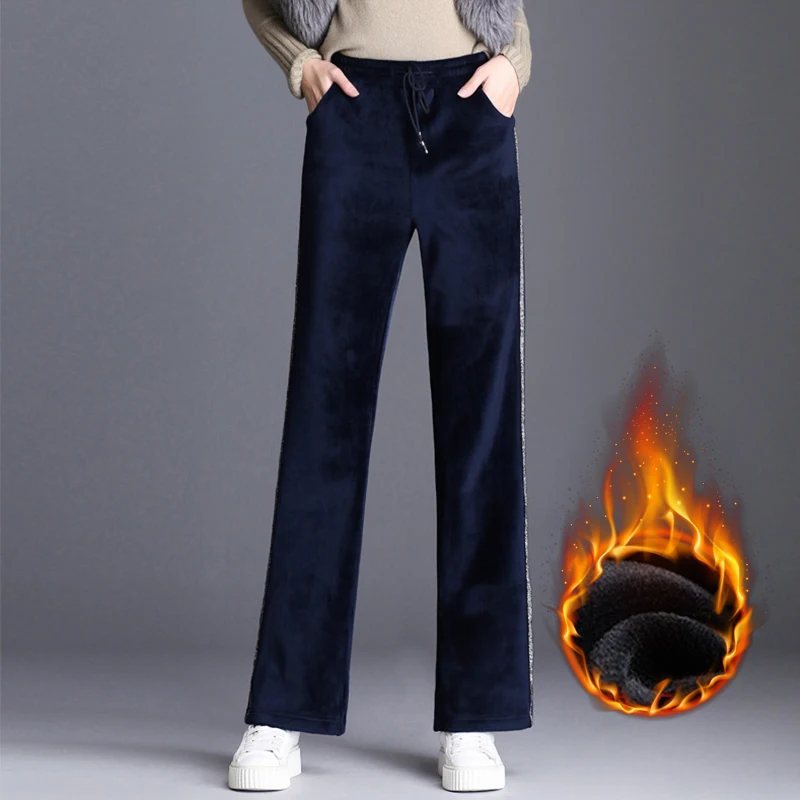 Зимние теплые женские длинные широкие бархатные брюки размера плюс осенние флисовые расклешенные брюки бархатные брюки черные велюровые брюки - Цвет: royal blue