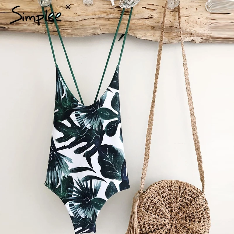 

Simplee Leaves print sexy one piece swimsuit female Lace up backless green beach swimwear High cut bikini summer women swimsuit