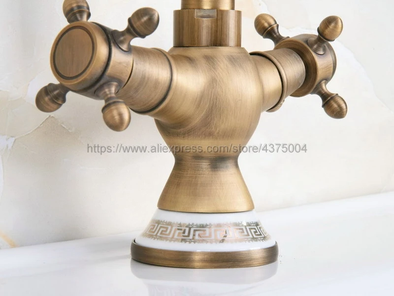 Basin Faucets Antique Brass Double Cross Handle Bathroom Sink Faucet Swivel Spout Bathbasin Vanity Mixer Taps Nnf604