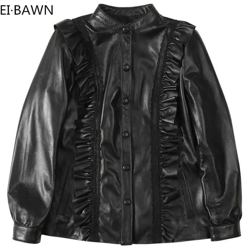 2019 Spring  New Fashion Wild Temperament Ruffled Collar Collar Sheepskin Shirt  Jacket Women