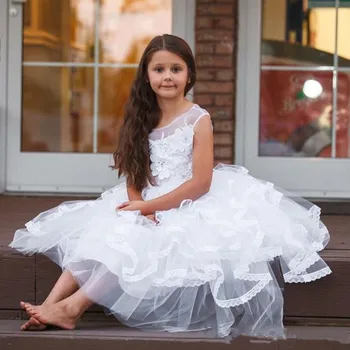 

Pure White Lace Tulle Flower Girl Dress with 3D Floral Appliques For Wedding Tea Length Kids Pageant Gowns Custom Made For Girls