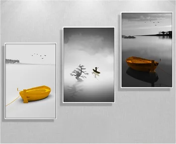 

3 Pieces Nordic Concise Golden Boat Landscape Lake Decoration for Living Room Wall Art Canvas Pictures No Framed