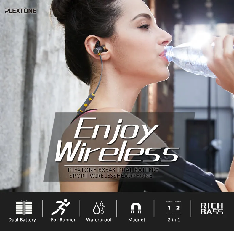 Plextone BX343 Беспроводной наушники Bluetooth IPX5 Водонепроницаемый наушники двойной Батарея магнитных гарнитура Спорт наушников С микрофоном для телефона с микрофоном гарнитура к телефону для Мобильный телефон