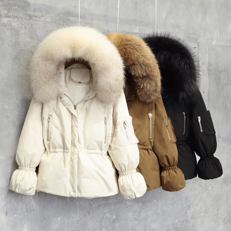 Fitaylor 2019 kobiet zimowe kurtki biała kaczka w dół duży naturalny szop futro hooded Parkas Slim ciepłe female płaszcz Snow Outwear -