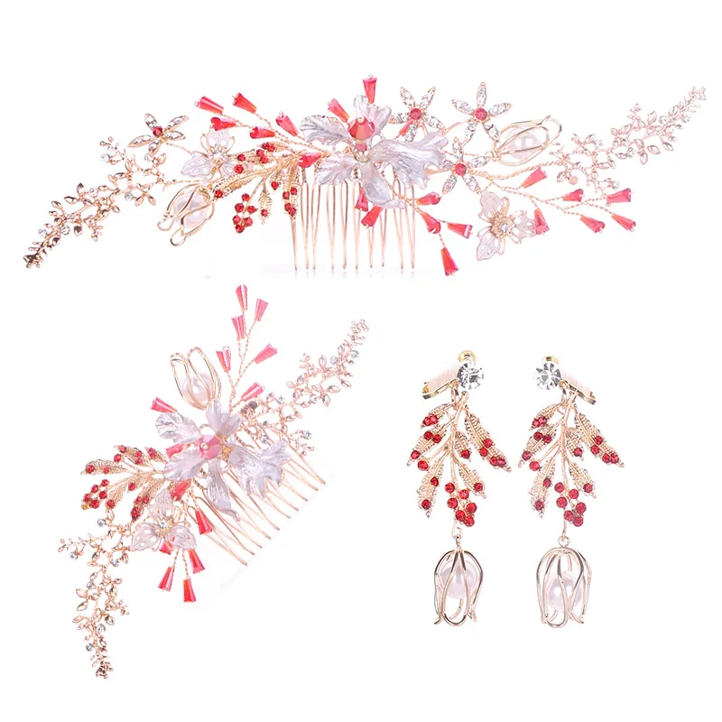 Bridal Tiara Red Crystal Flower Leaves Golden Hair Comb Elegant Temperament White Flowers Hair Comb Wedding Accessories Headclip