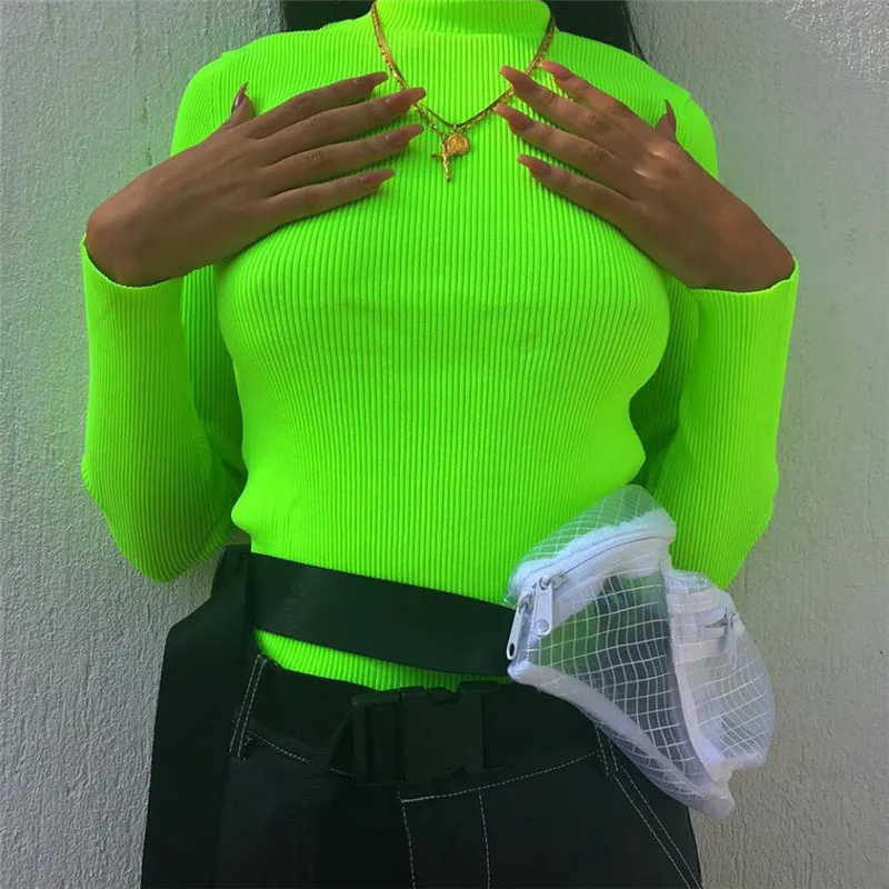 

Heyouthoney Autumn Winter Turtleneck Long Sleeve Knitted Sweater Female Slim Jumpers Fluorescent Green Casual Sweater Women
