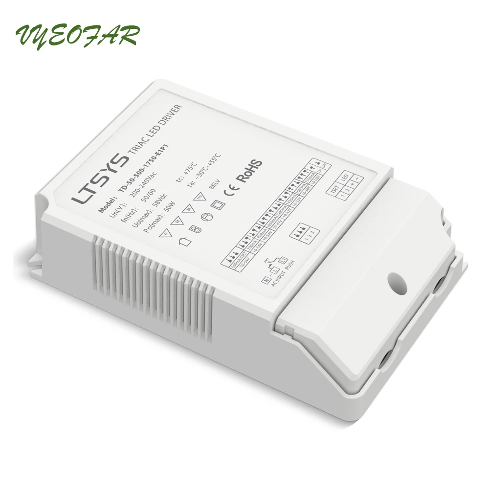 

New TD-50-500-1750-E1P1;CC Constant Current Triac Dimming Driver;AC 200-240V input;50W 500-1750mA output; Push DIM