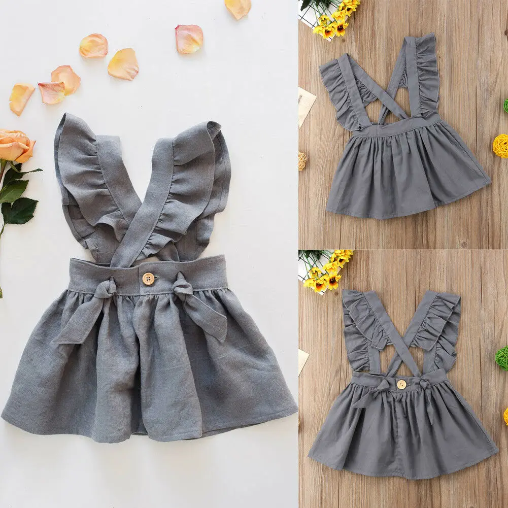 Hot Sale Baby Girls Solid Cross Strap Tutu Princess Dress Ruffle Dress Cotton Overall Summer Party Cross Strap Sundress