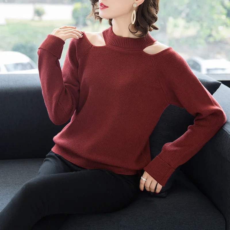 Solid off shoulder half turtleneck loose pullover sweater 2018 new long sleeve women autumn basic sweater shirts