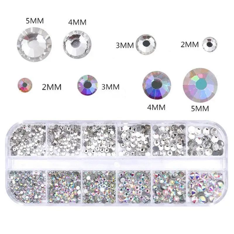 

12 Lattices Mixed Nail Chain Rivets 3D DIY Nail Art Decorations 4 Different Sizes of Rhinestone Colorful Transparent