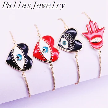 

10Pcs Top quality enamel Heart/Hamsa Hand Connector Bracelet Charm slide copper box chain Bracelets for Women