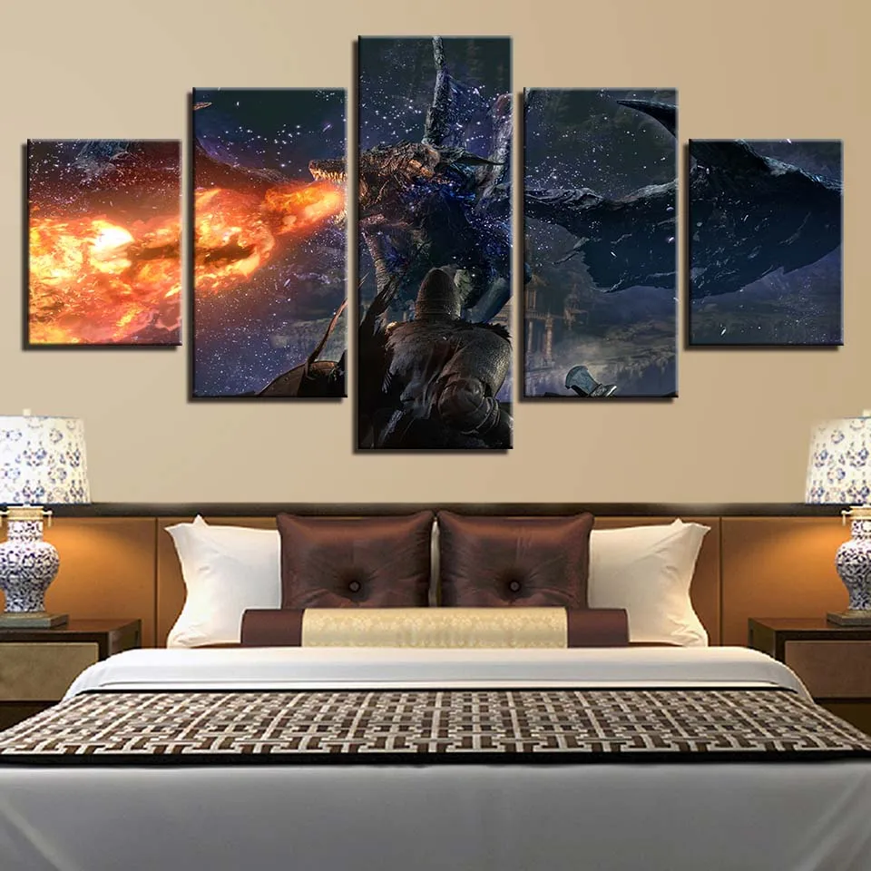5 piece canvas painting game Dark Soul 3 HD posters and prints Dragon fire canvas painting for living room free shipping