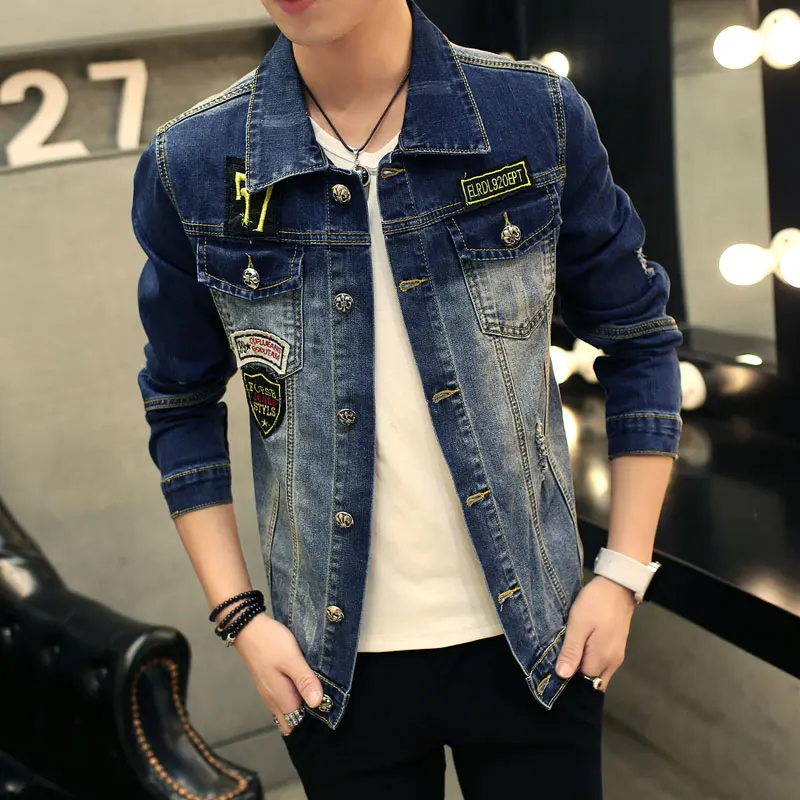 Badge Patchwork Design Mens Denim Jacket Fashion Hole Jeans Coat Slim