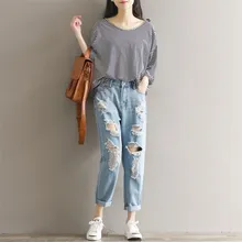 Новинка, женские летние джинсы-шаровары размера плюс с дырками, с карманами, высокая талия, длина по щиколотку, повседневные свободные джинсы