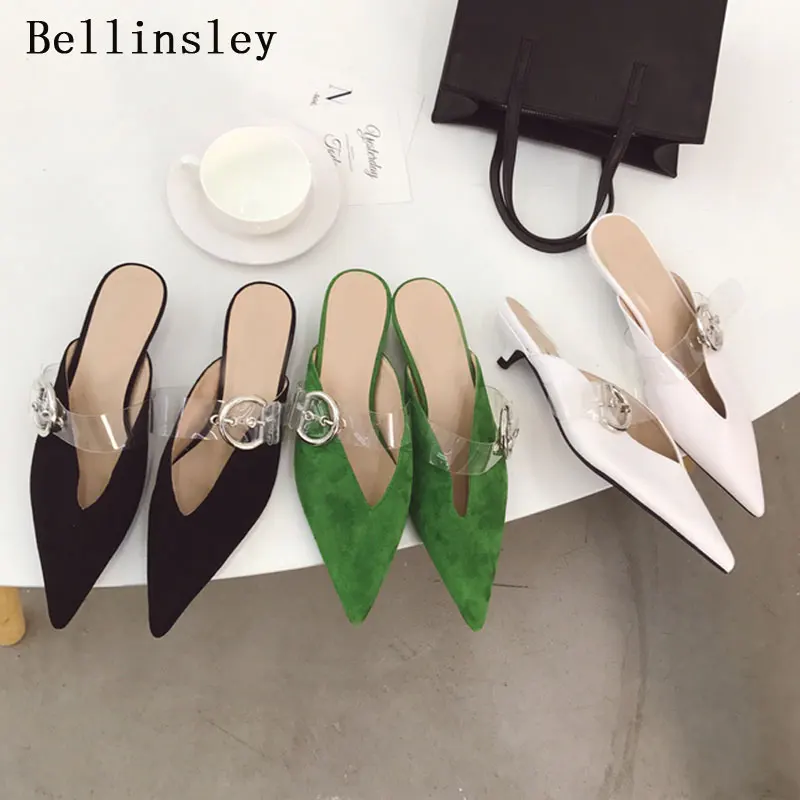 

2019 Summer Women Sandals Slippers Slip On Mules Fashion Pointed Toe Thin Heels Buckle Strap Shoes Woman Outside Slippers Slides