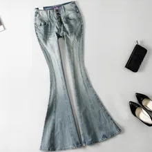 Размера плюс 25-32! весна осень большой рыбий хвост однобортный высокая талия винтажные расклешенные книзу джинсы с широкими штанинами для женщин
