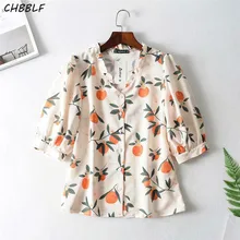 CHBBLF women sweet print blouse ruffles collar short sleeve shirts female casual chic tops blusas ASF060