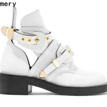 Весна Лидер продаж Для женщин Мода вырезает Гладиатор золотой пряжкой на низком каблуке ботинки до лодыжки Белый ПУ высокое качество
