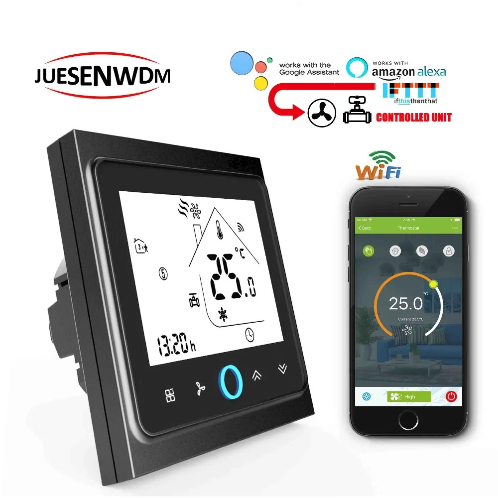 TUYA 95 240VAC 24v 2 трубы WI FI Raumthermostat переключатель в течение 3 Скорость фанкойл