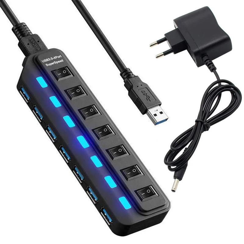 USB 3.0 HUB 4 7 Port with Power Charging Adapter and Switch Multiple USB Power Adapter LED ON/OFF Switch Splitter for PC Laptop
